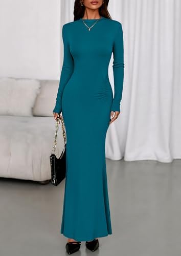 PRETTYGARDEN Fall Dresses for Women 2026 Long Sleeve Bodycon Mock Neck Ruched Maxi Formal Cocktail Wedding Guest Dress