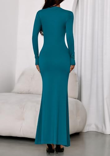 PRETTYGARDEN Fall Dresses for Women 2026 Long Sleeve Bodycon Mock Neck Ruched Maxi Formal Cocktail Wedding Guest Dress