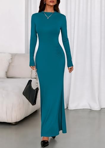 PRETTYGARDEN Fall Dresses for Women 2026 Long Sleeve Bodycon Mock Neck Ruched Maxi Formal Cocktail Wedding Guest Dress