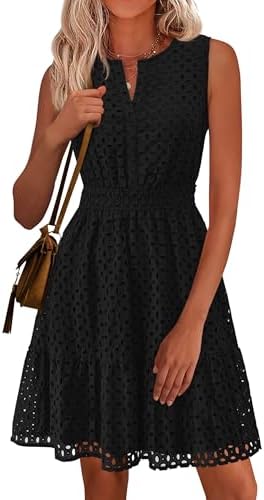 PRETTYGARDEN Womens Summer Dresses 2026 Sleeveless V Neck Eyelet Hollow Out Swing A Line Beach Vacation Sun Dress