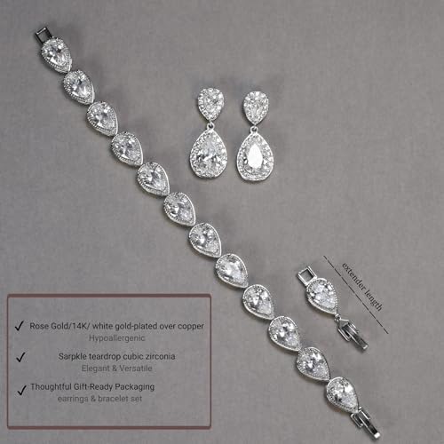 UDYLGOON Teardrop Earrings & Bracelet Set, Gold Plated Wedding Jewelry Set for Bride Bridesmaid, Womens Party Prom Gift