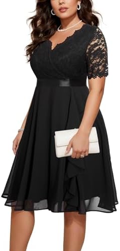 Plus Size Wedding Guest Dress – Formal Cocktail Party Ruffle Elegant Tea Length Lace Chiffon V Neck Midi Dresses