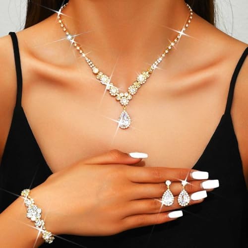 Unicra Bride Silver Bridal Necklace Earrings Set Crystal Bridal Wedding Jewelry Set Rhinestone Choker Necklace for Women and Brides