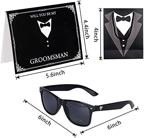 6 Pieces Groomsmen Gifts Set : 1 Pcs 8oz Stainless Steel Tuxedo Flask 1 Pcs Poker Bottle Cap Opener 1 Pcs Groomsmen Gauge Glasses 1 Pcs Sunglasses 1 Pcs Card 1 Pcs Groomsmen Gift Bags for Wedding
