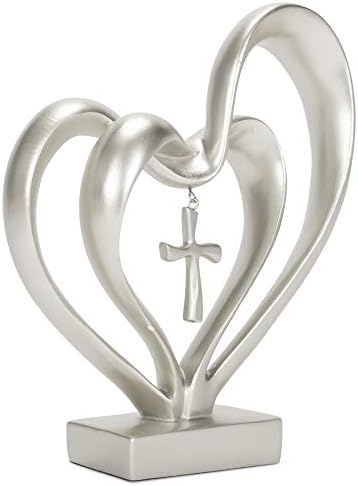 Marriage Takes Three Matte Silver Finish 13X8 inch Cross in Middle of Hearts Tabletopper