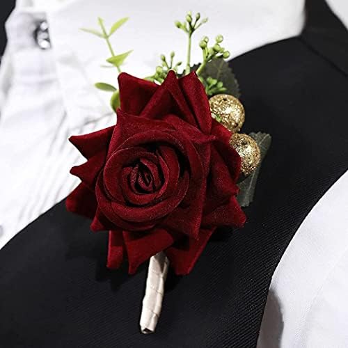 Campsis Wedding Flower Boutonniere Groom Rose Buttonholes Prom Suit Decoration for Men(Red Wine)