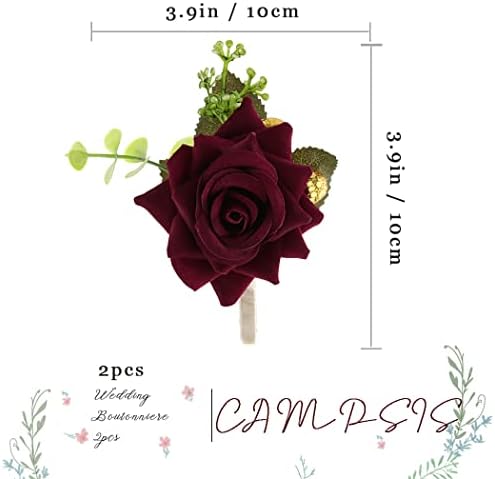 Campsis Wedding Flower Boutonniere Groom Rose Buttonholes Prom Suit Decoration for Men(Red Wine)