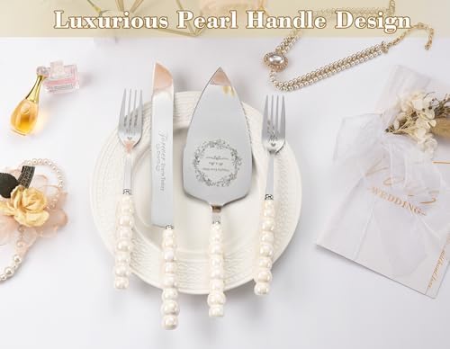 Wedding Cake Knife and Server Set, Ceramic Pearl Handle Cake Cutting Set for Weddings, Engagements, Anniversaries, and Engagement Gifts for Couples