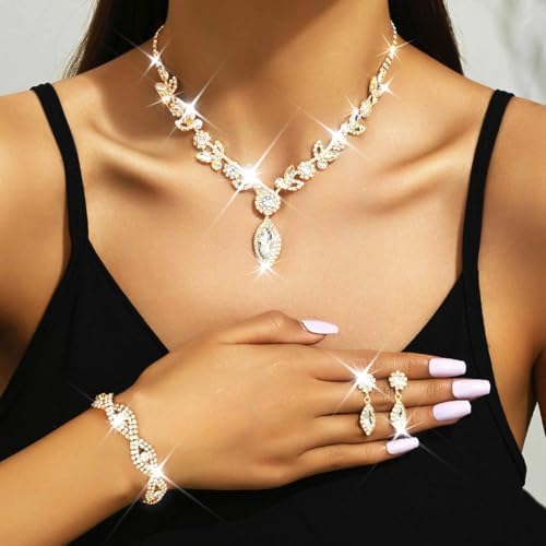 Unicra Silver Crystal Bridal Wedding Jewelry Set Rhinestone Necklace Earrings Bracelet Sets Formal Costume Jewelry for Women and Brides