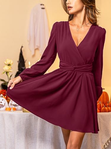 CUPSHE Womens Long Sleeve Mini Dress V Neck Elegant Cocktail Party Dress Fall Flowy Wedding Guest Dress