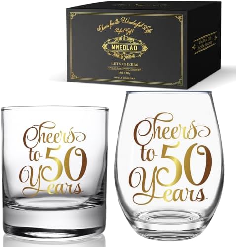 Cheers to 50 Years Wine & Whiskey Glass Gift Set, Gold Foil Design 50th Birthday Anniversary Wedding Valentines Day Stemless Wine Glass Gifts for Grandparents Couple Men Women Wife Husband Parents128