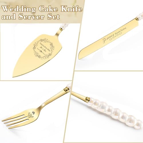 Wedding Cake Knife and Server Set, Gold Ceramic Pearl Handle Cake Cutting Set for Weddings, Engagements, Anniversaries, and Engagement Gifts for Couples