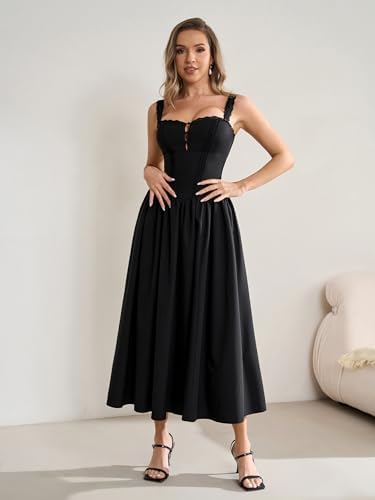 KUTUMAI Women Summer Lace Square Neck Midi Dress Corset Smocked Flowy A Line Beach Wedding Guest Dresses with Pockets