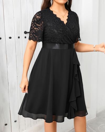 Plus Size Wedding Guest Dress – Formal Cocktail Party Ruffle Elegant Tea Length Lace Chiffon V Neck Midi Dresses