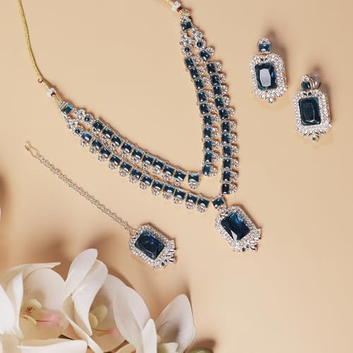 American/AD Two-Layered | Sparkling Square-Shaped Rhinestone Crystal Design Necklace | Dangle Earrings and Maang Tikka for Wedding Jewellery Set for Women