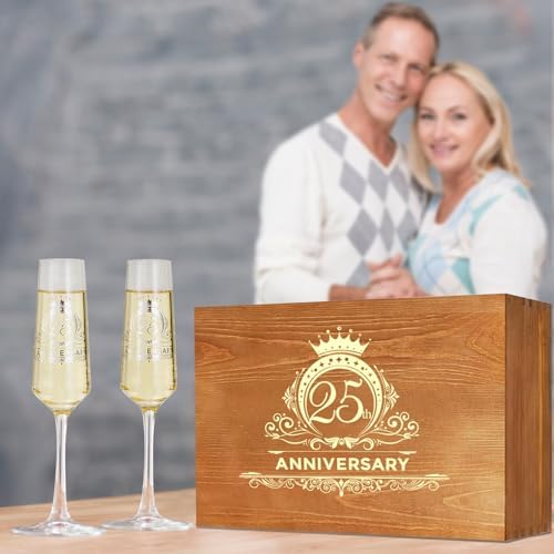25th Anniversary Champagen Flutes Wedding Gifts for Couple, 25th Birthday Anniversary Decorations, Silver Cake Cutting Set for Wedding 25th Anniversary Presents