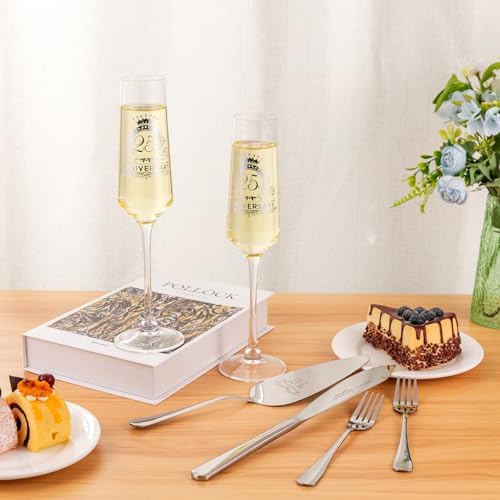 25th Anniversary Champagen Flutes Wedding Gifts for Couple, 25th Birthday Anniversary Decorations, Silver Cake Cutting Set for Wedding 25th Anniversary Presents