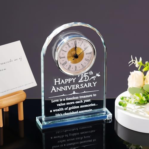 YWHL 25th Wedding Anniversary Clock Gifts for Couple, 25 Year Anniversary Keepsake Gifts for Husband/Wife, Glass Clock Decoration for 25 Years for Marriage (Battery not Included)