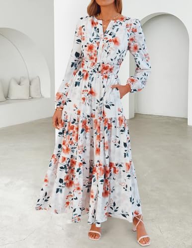 ZESICA Spring Dresses for Women 2026 Long Sleeve Boho Floral V Neck Empire Waist A Line Casual Flowy Wedding Guest Maxi Dress