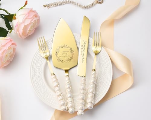 Wedding Cake Knife and Server Set, Gold Ceramic Pearl Handle Cake Cutting Set for Weddings, Engagements, Anniversaries, and Engagement Gifts for Couples