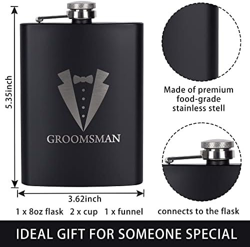 6 Pieces Groomsmen Gifts Set : 1 Pcs 8oz Stainless Steel Tuxedo Flask 1 Pcs Poker Bottle Cap Opener 1 Pcs Groomsmen Gauge Glasses 1 Pcs Sunglasses 1 Pcs Card 1 Pcs Groomsmen Gift Bags for Wedding