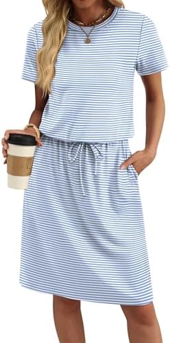 OFEEFAN Womens Summer Dresses Fashion Short Sleeve Crew Neck T Shirt Sundresses Casual Tie Waist with Pockets
