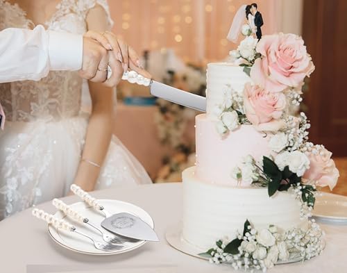 Wedding Cake Knife and Server Set, Ceramic Pearl Handle Cake Cutting Set for Weddings, Engagements, Anniversaries, and Engagement Gifts for Couples