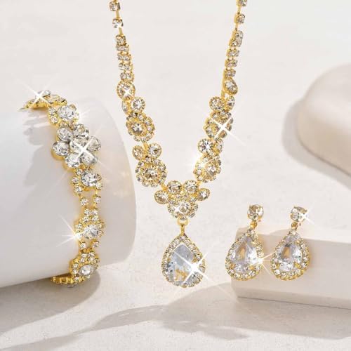 Unicra Bride Silver Bridal Necklace Earrings Set Crystal Bridal Wedding Jewelry Set Rhinestone Choker Necklace for Women and Brides