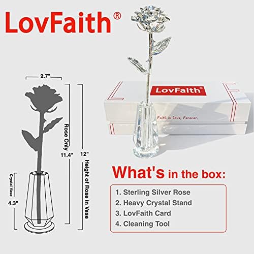 Valentine Gift Real Rose Dipped Thick Sterling Silver with Crystal Stand, Best 25th Anniversary Silver Rose Gift for Her Wife Mother Birthday Christmas (B2. Sterling Silver -Blooming)