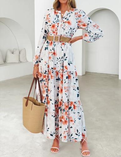 ZESICA Spring Dresses for Women 2026 Long Sleeve Boho Floral V Neck Empire Waist A Line Casual Flowy Wedding Guest Maxi Dress