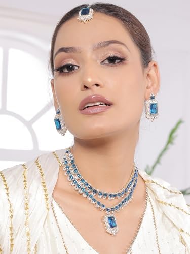 American/AD Two-Layered | Sparkling Square-Shaped Rhinestone Crystal Design Necklace | Dangle Earrings and Maang Tikka for Wedding Jewellery Set for Women