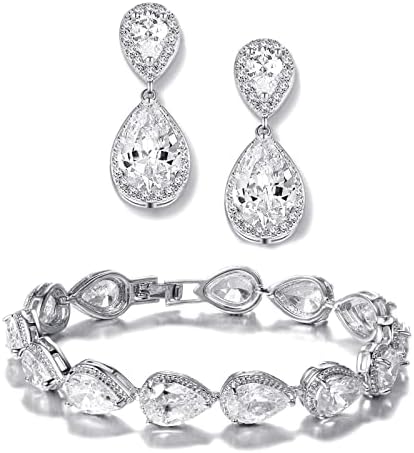 UDYLGOON Teardrop Earrings & Bracelet Set, Gold Plated Wedding Jewelry Set for Bride Bridesmaid, Womens Party Prom Gift