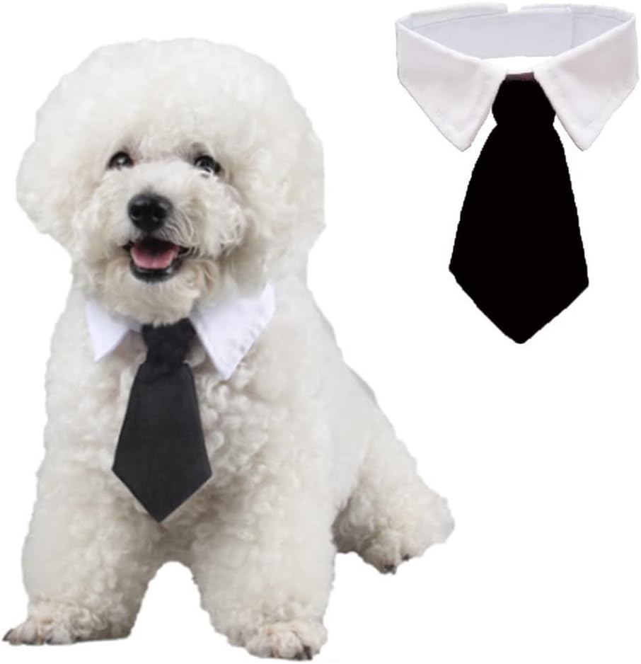 ANIAC Adjustable Dog Cat Neck Tie Puppy Grooming Neck Accessories Formal Wedding Attire White Collar Pet Tuxedo Costume (S, Black)
