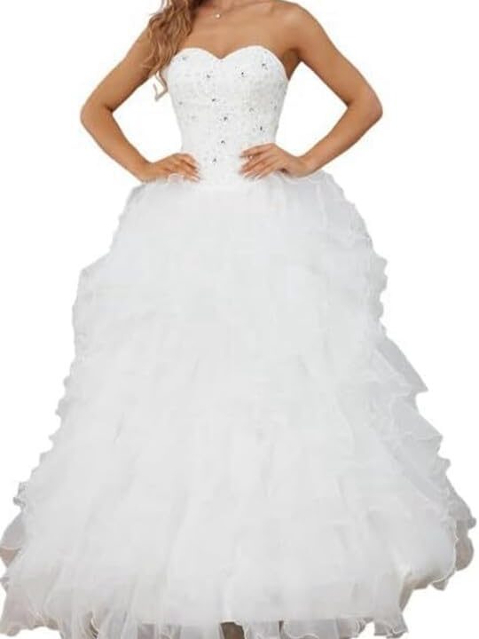 Women's Elegant Strapless Wedding Dress, Lace, Sweetheart Neckline, Beaded Bodice, Ruffled Tulle Ball Gown