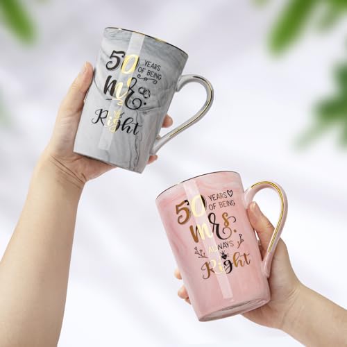 Biching 50th Wedding Anniversary for Couples, Golden 50th Anniversary Mugs Gifts for Parents Grandparents, 14Oz 50th Wedding Couple Mugs with Spoons, Lids, Greeting Card, Gift Box