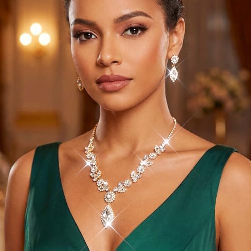 Unicra Silver Crystal Bridal Wedding Jewelry Set Rhinestone Necklace Earrings Bracelet Sets Formal Costume Jewelry for Women and Brides