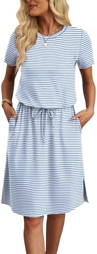 OFEEFAN Womens Summer Dresses Fashion Short Sleeve Crew Neck T Shirt Sundresses Casual Tie Waist with Pockets