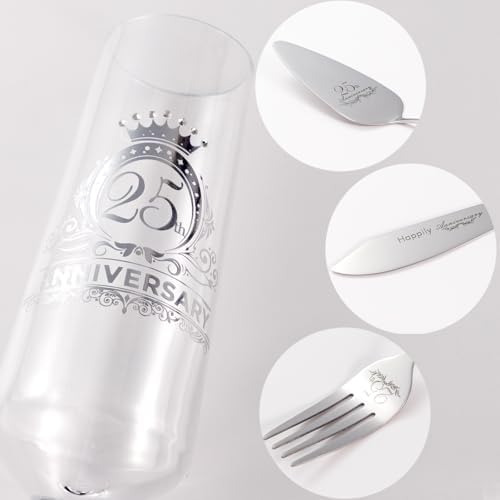 25th Anniversary Champagen Flutes Wedding Gifts for Couple, 25th Birthday Anniversary Decorations, Silver Cake Cutting Set for Wedding 25th Anniversary Presents