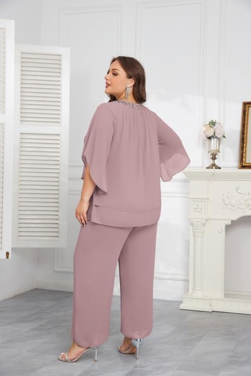 Hanna Nikole Mother of Bride Pant Suits Plus Size Half Sleeve 2 Piece Chiffon Pantsuit Formal Wedding Guest Outfit