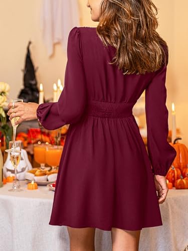 CUPSHE Womens Long Sleeve Mini Dress V Neck Elegant Cocktail Party Dress Fall Flowy Wedding Guest Dress