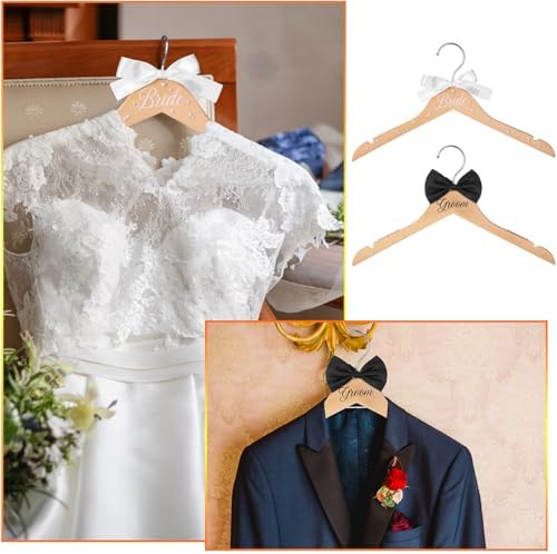 2 Pcs Bride and Groom Wooden Hangers with Bow Tie Wedding Hangers for Tuxedo Favors Wedding Gift Bridal Party Shower(Fresh)