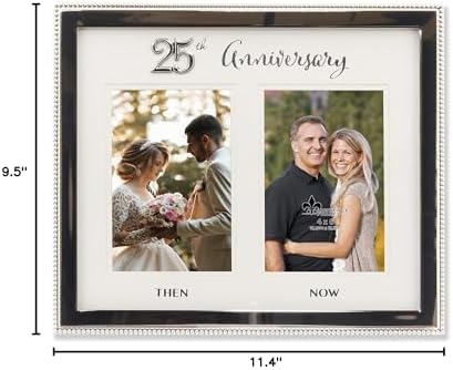 4×6 Double Silver Beaded Metal 25th Anniversary Picture Frame, Then and Now