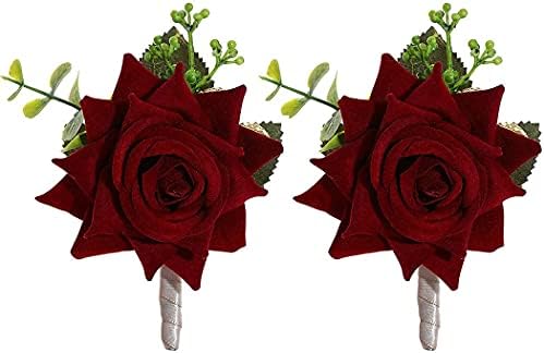 Campsis Wedding Flower Boutonniere Groom Rose Buttonholes Prom Suit Decoration for Men(Red Wine)