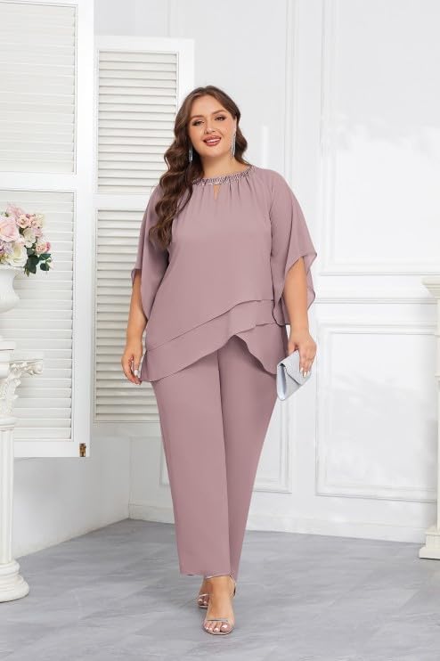 Hanna Nikole Mother of Bride Pant Suits Plus Size Half Sleeve 2 Piece Chiffon Pantsuit Formal Wedding Guest Outfit