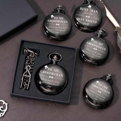 Groomsman Gifts for Wedding Engraved Pocket Watch Best Man Ring Bearer Groom Bride Father Roman Numerals Quartz Pocket Watches Wedding with Chain (1PCS 3PCS 4PCS 5PCS 6PCS)