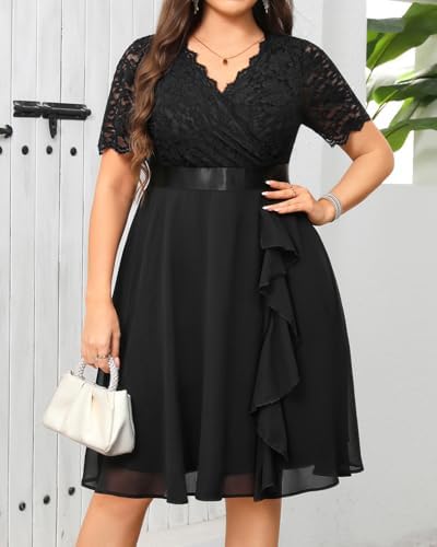 Plus Size Wedding Guest Dress – Formal Cocktail Party Ruffle Elegant Tea Length Lace Chiffon V Neck Midi Dresses