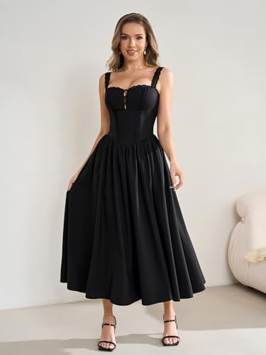 KUTUMAI Women Summer Lace Square Neck Midi Dress Corset Smocked Flowy A Line Beach Wedding Guest Dresses with Pockets