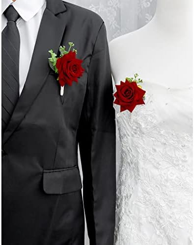 Campsis Wedding Flower Boutonniere Groom Rose Buttonholes Prom Suit Decoration for Men(Red Wine)