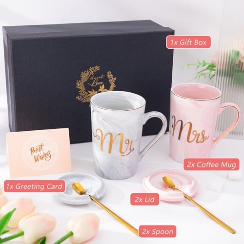 Biching Wedding Gifts for Couples 2026, Couple Gift for Anniversary – 14oz Ceramic Marble Mr and Mrs Mugs Set, Present for Bridal Shower Engagement Bride and Groom, with Greeting Card, Luxury Gift Box