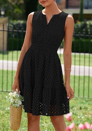 PRETTYGARDEN Womens Summer Dresses 2026 Sleeveless V Neck Eyelet Hollow Out Swing A Line Beach Vacation Sun Dress